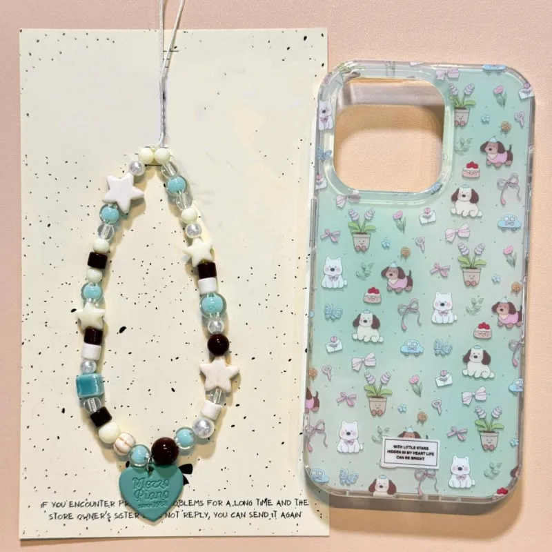 Cute Mint Puppy Floral iPhone Case with Beaded Charm Strap