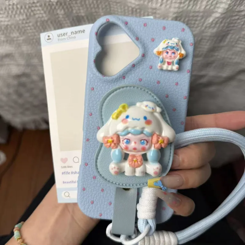Kawaii 3D Doll Leather Texture Lanyard iPhone Case