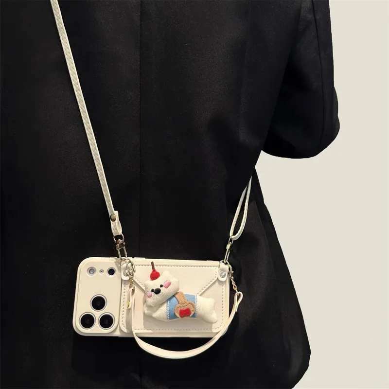 Luxury Wallet Crossbody iPhone Case with Cute Plush Charm
