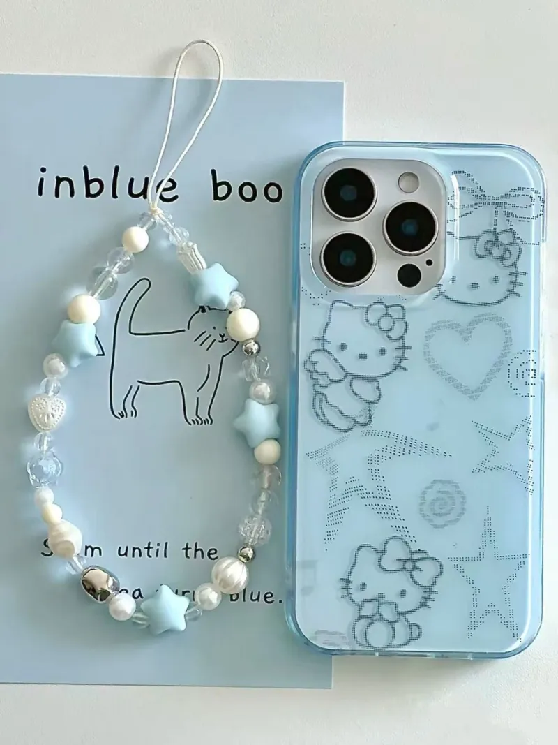 Cute Blue Cat Pattern Transparent iPhone Case with Bead Charm