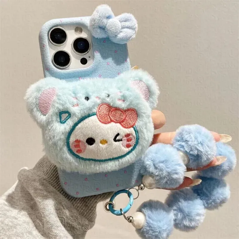 Cute Red Apple Cat Plush iPhone Case with Fluffy Charm
