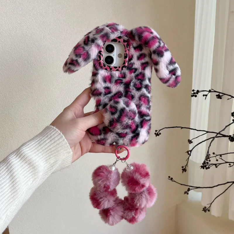 Fluffy Leopard Bunny iPhone Case with Pom Pom Charm