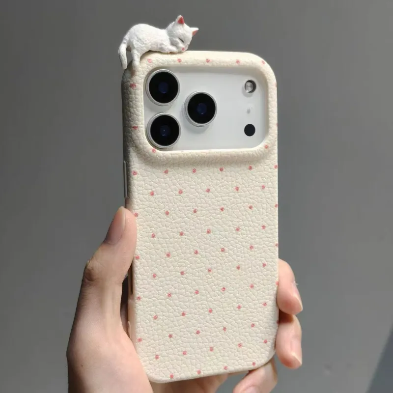 Cute Sleeping Cat Leather Texture Phone Case