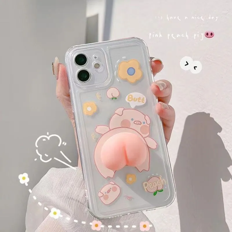 3D Peach Pig Clear Phone Case with Grip