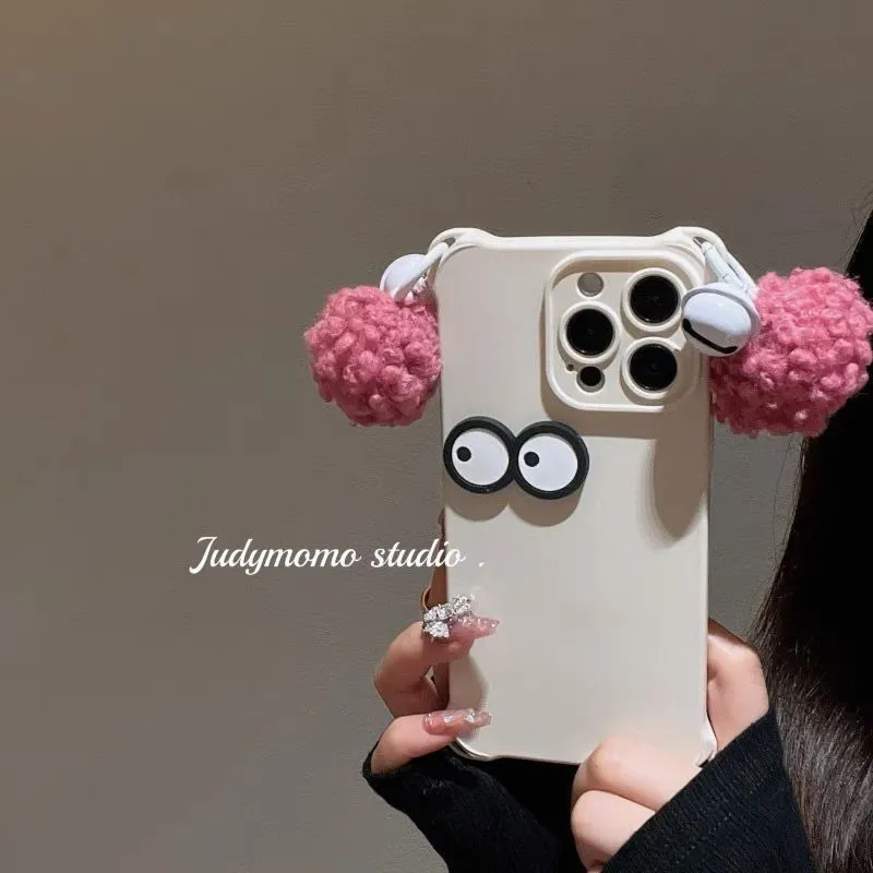 Googly Eyes Pom-Pom Phone Case with Bell Charm
