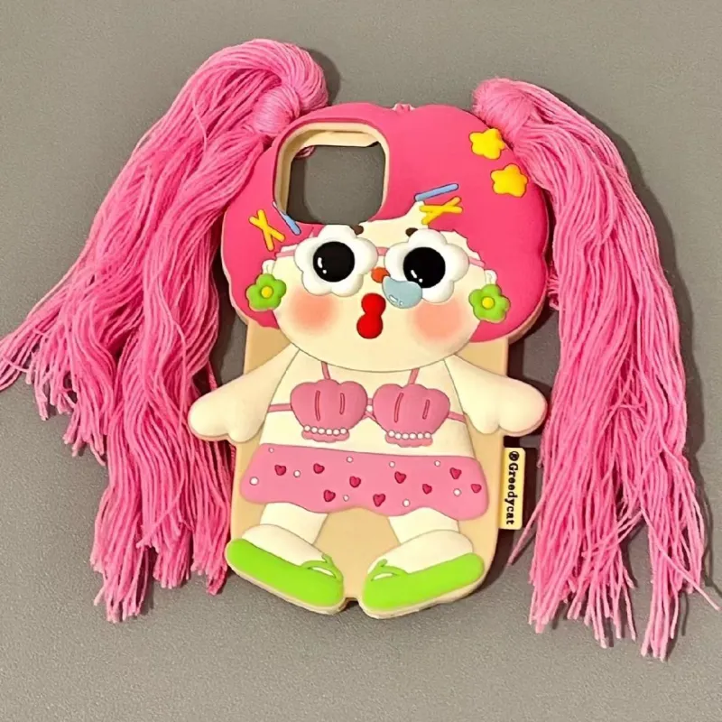 Cute Doll 3D Cartoon iPhone Case with Hair Design | Kawaii Fashion Phone Cover
